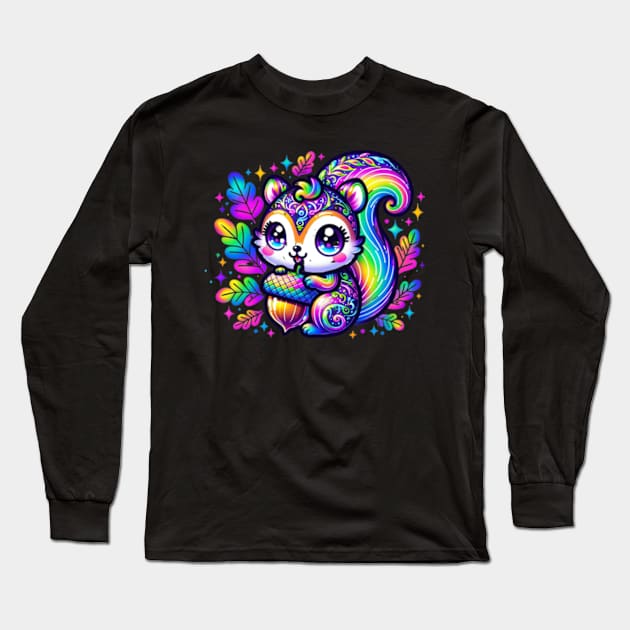 Neon Squirrel with Acorn Kawaii Cute Chibi Anime Long Sleeve T-Shirt by Lavender Celeste